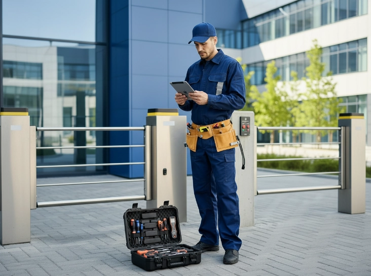 Professional installer is mounting alarm system in front of the building mobile