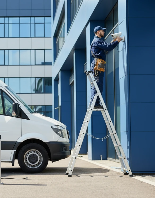 Team of security installers mounting camera CCTV for security on company